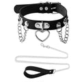 Black Leather Choker Collar with Chain Leash Set N9703