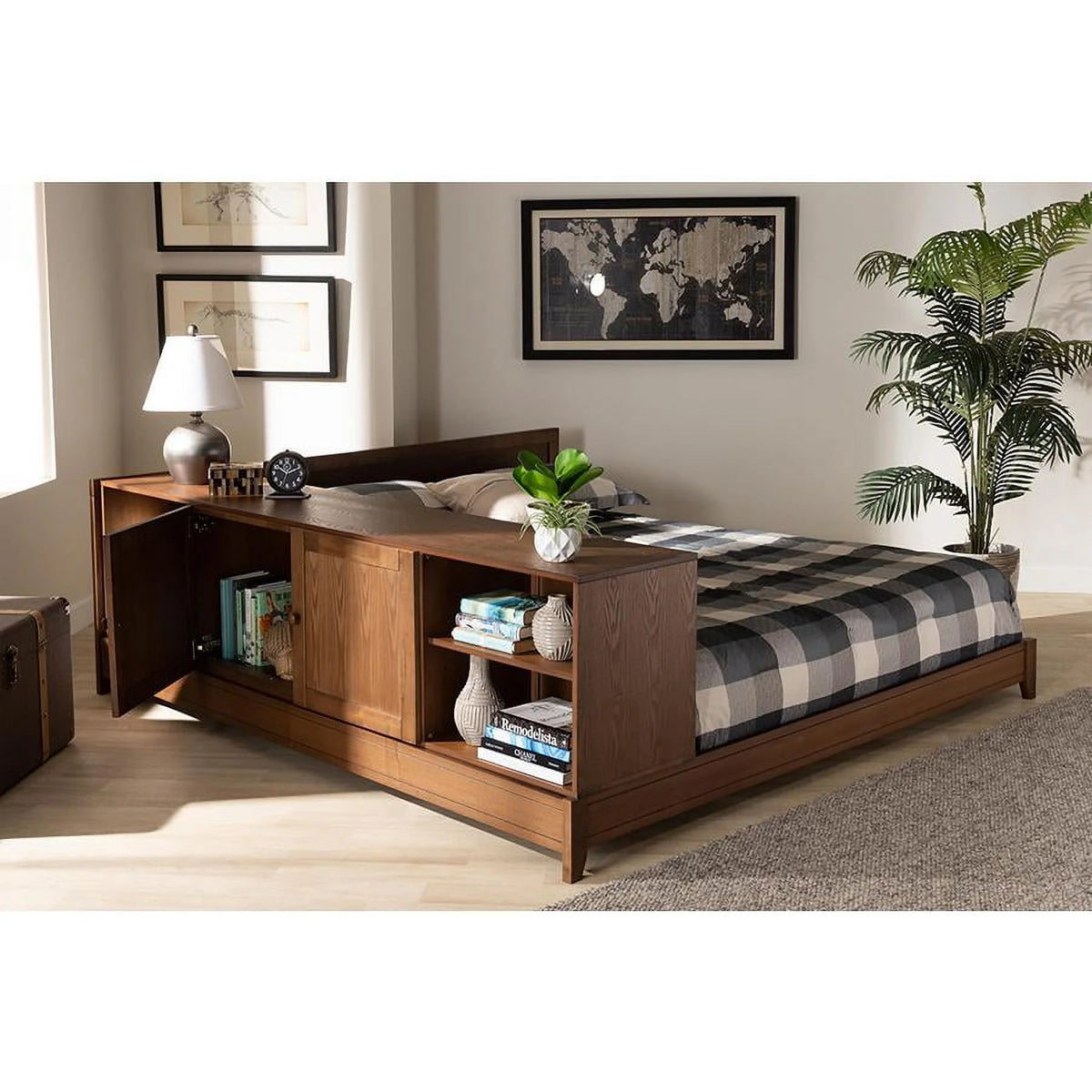 Queen Brown Rubberwood Storage Platform Bed D71994