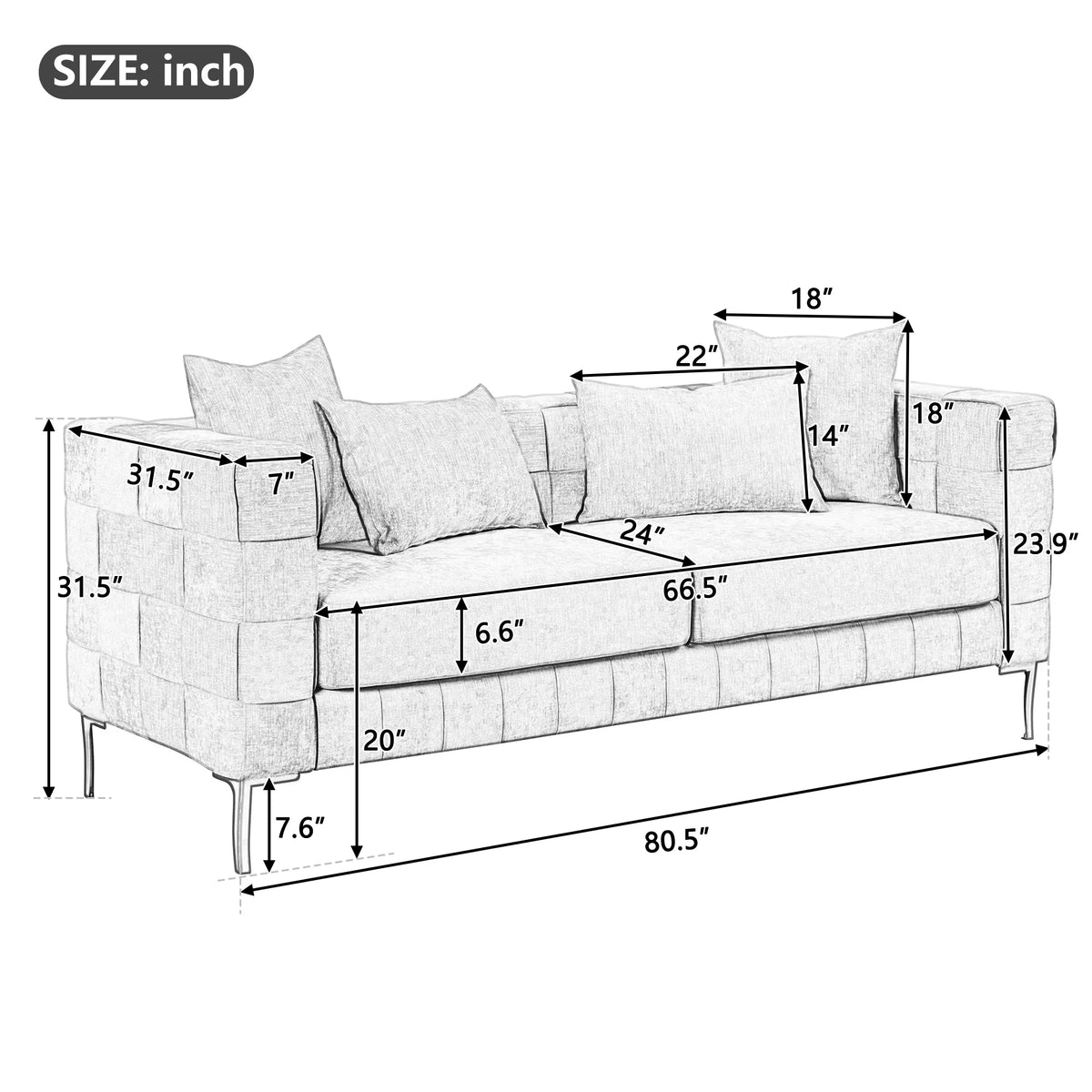 Beige Upholstered Sofa with 4 Pillows and Golden Metal Legs I666781