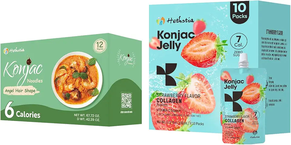 Konjac Jelly Strawberry Flavor with Collagen Peptides 10 Packs and Konjac Angel Hair Gluten Free 12 Packs Low Calorie Sugar Free J3650
