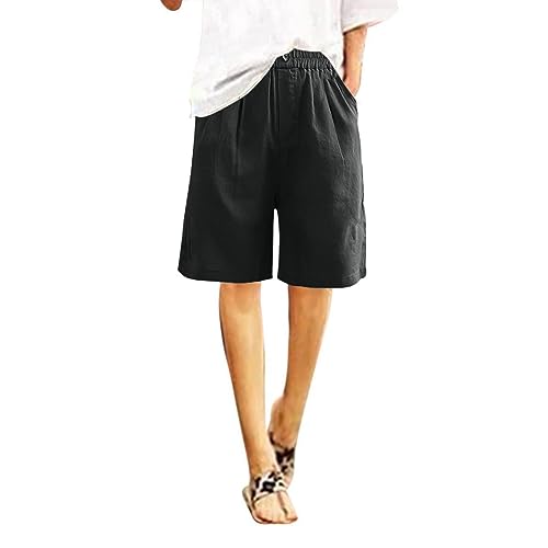 Women's Cotton Linen High Waisted Wide Leg Elastic Drawstring Shorts with Pockets P431064