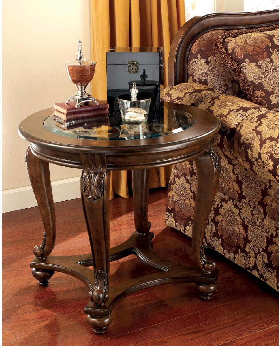 Dark Brown Half Moon Sofa Table with Beveled Glass Top O40178
