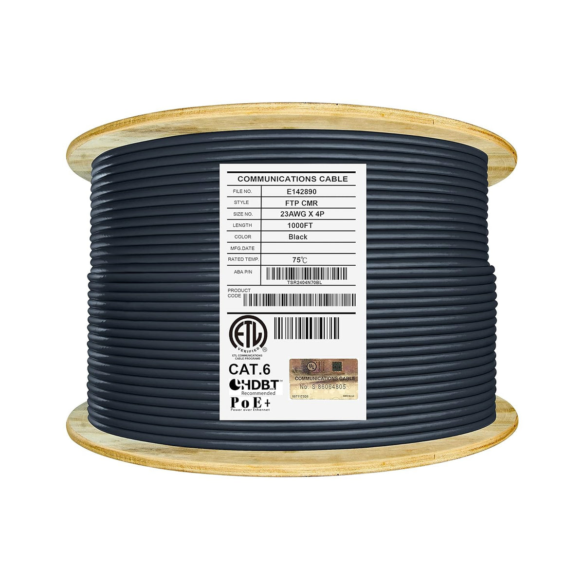 Cat6 Shielded Riser 1000ft 23AWG Bare Copper Ethernet Cable Black Z2326