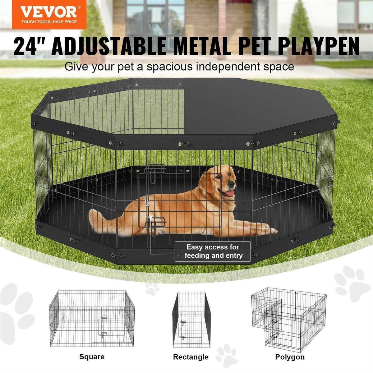 8 Panels Foldable Metal Dog Exercise Pen with Top Cover and Bottom Pad B664840