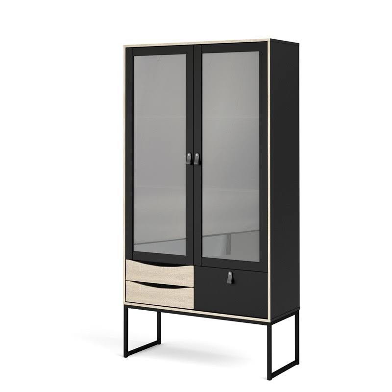Black 2 Glass Door Cabinet with 3 Drawers B1758