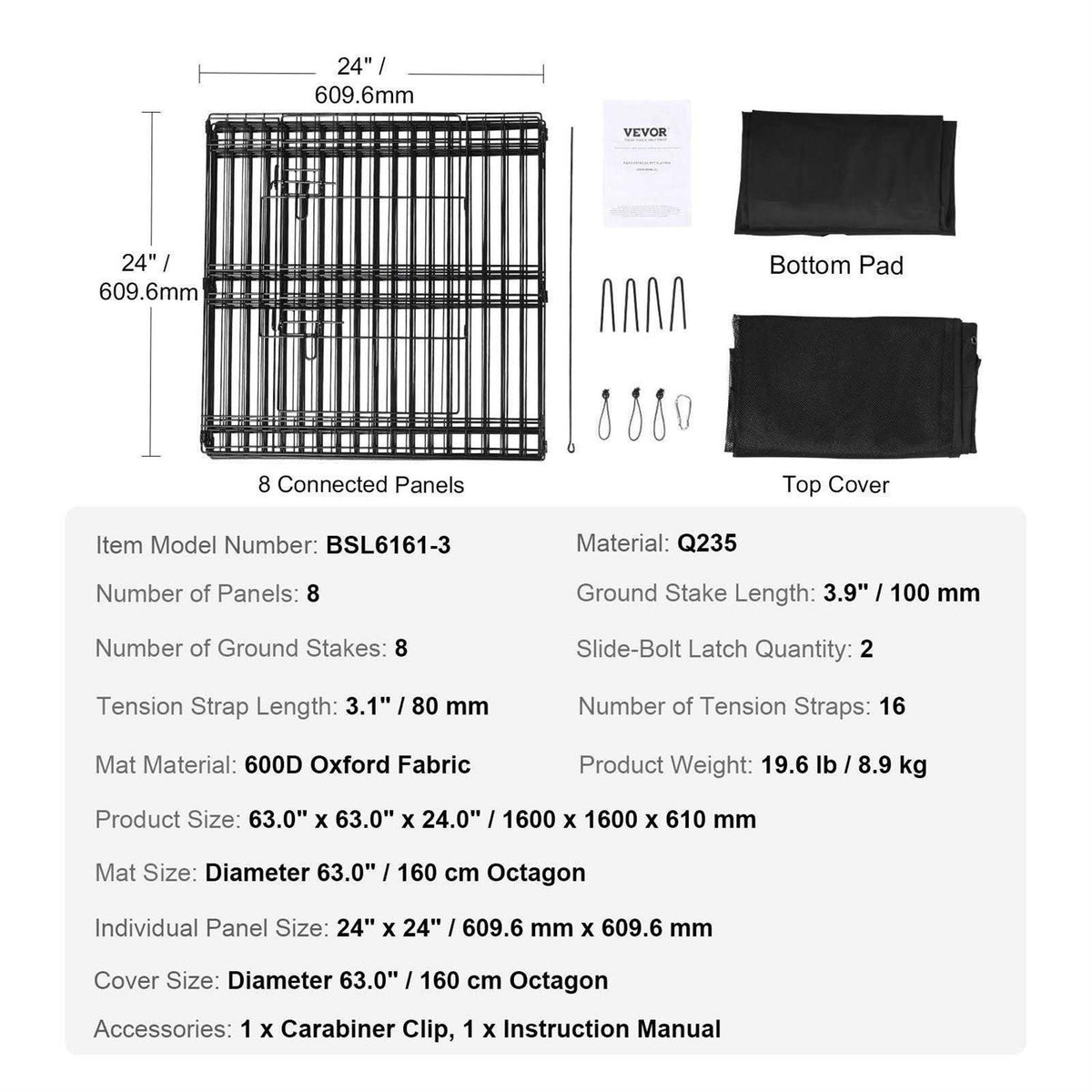 8 Panels Foldable Metal Dog Exercise Pen with Top Cover and Bottom Pad B664840