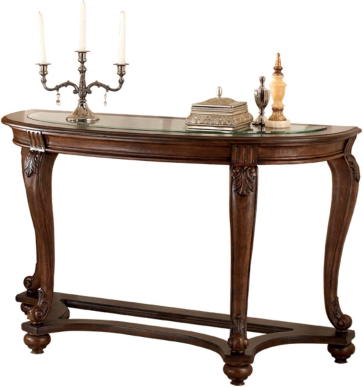 Dark Brown Half Moon Sofa Table with Beveled Glass Top O40178