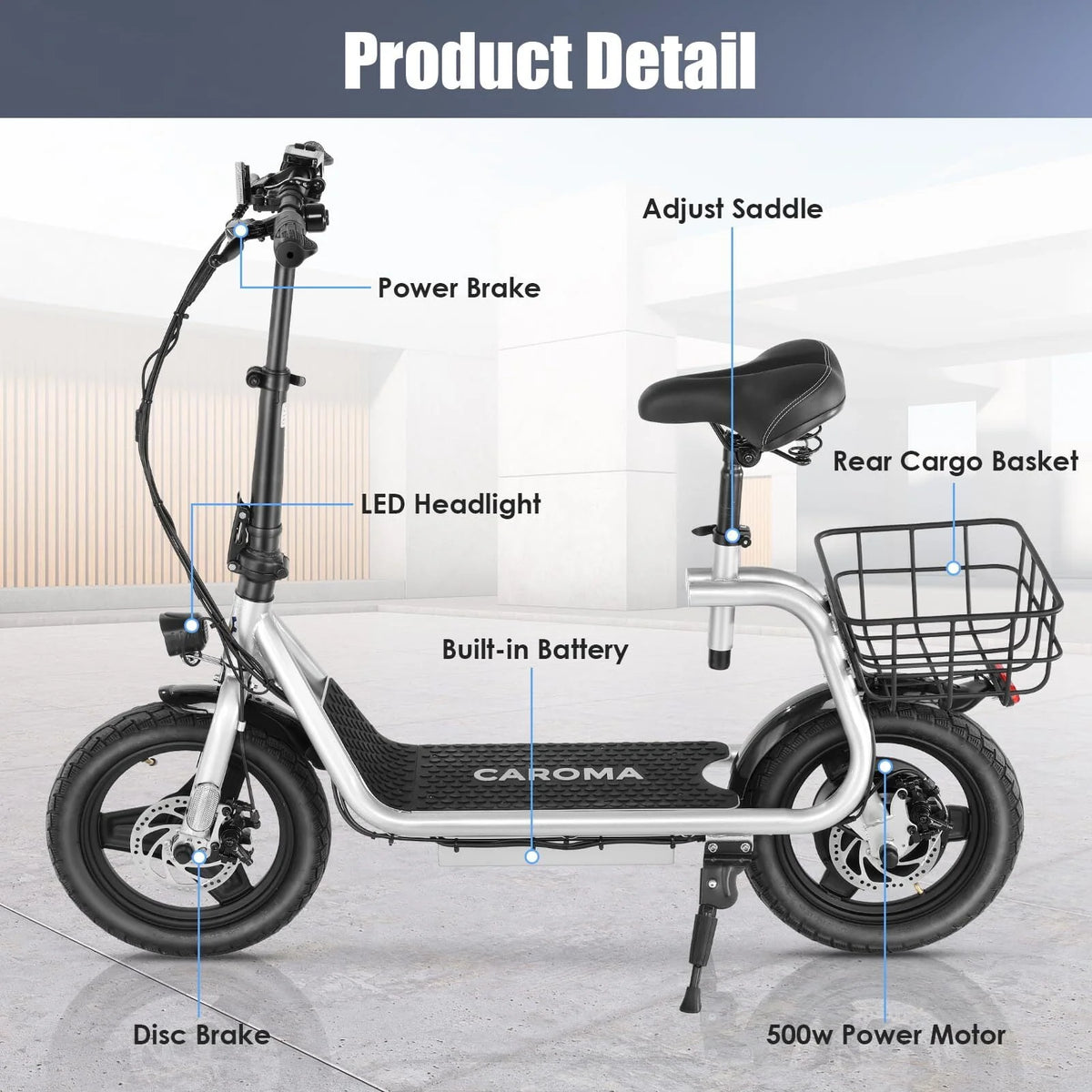 Silver Electric Scooter with Seat, 14 inch, 500W, 25 Miles 20 MPH D343