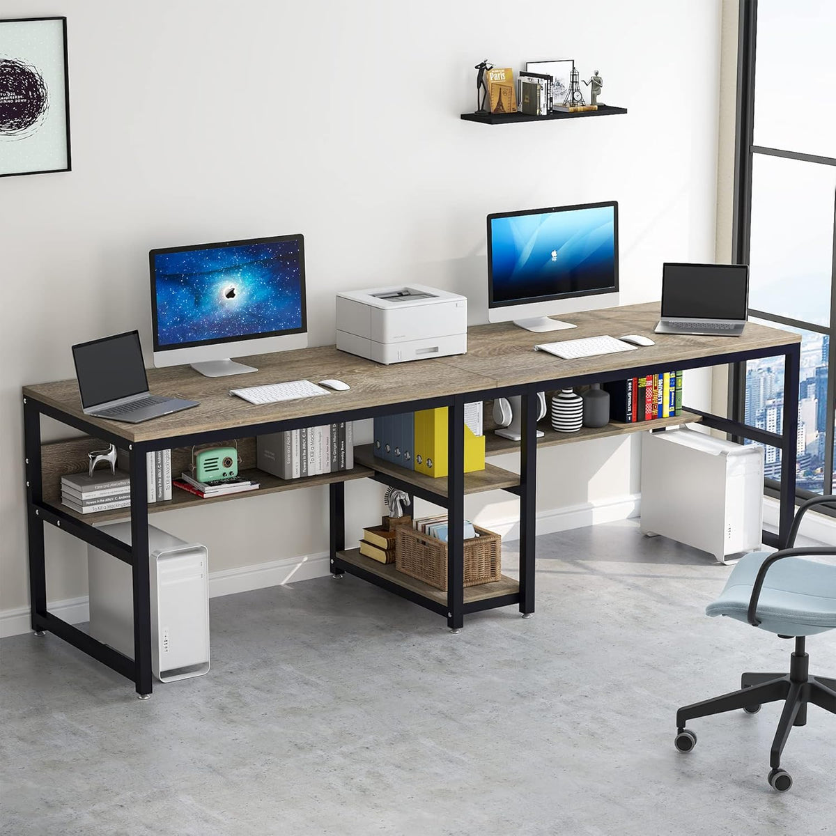 78.7" Two Person Desk with Bookshelf D296