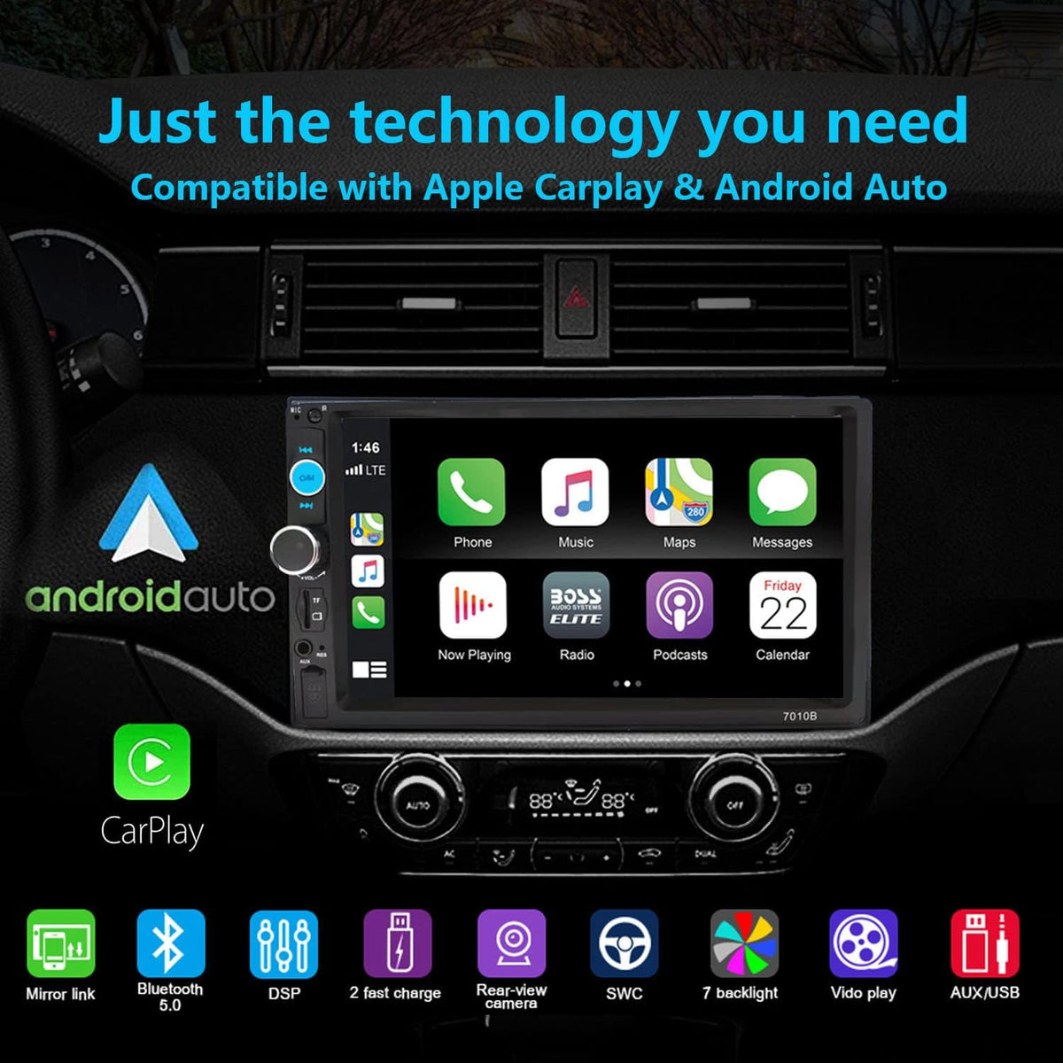 7 Inch Double Din Car Stereo with CarPlay and Android Auto T399185