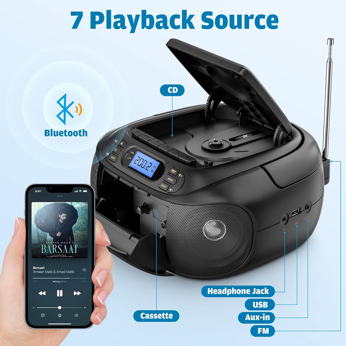 CD Cassette Player Combo Boombox with Bluetooth 5.1, FM Radio, Stereo Sound A846639