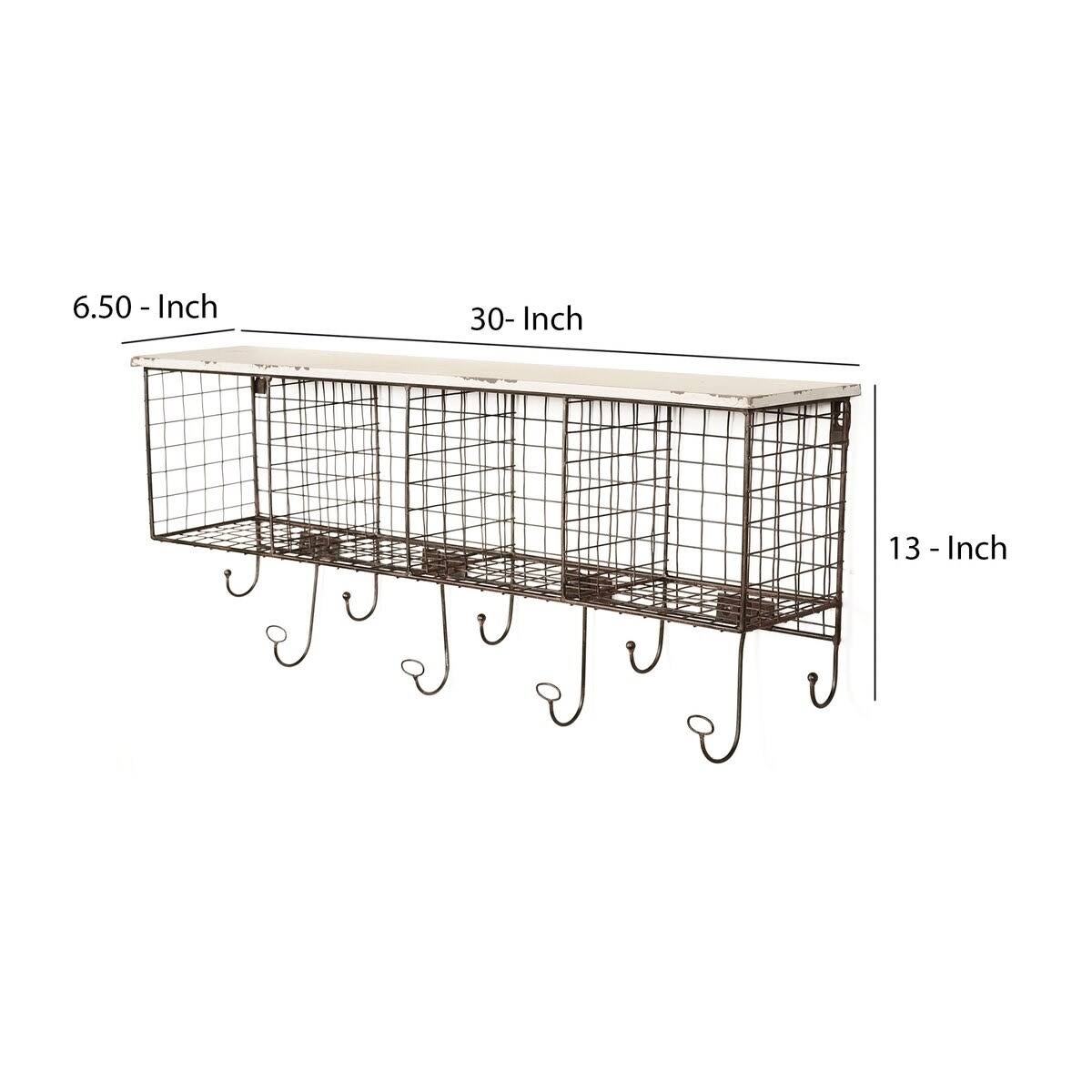 Brown and White Distressed Wood and Metal Wall Shelf with 4 Cubbies A883