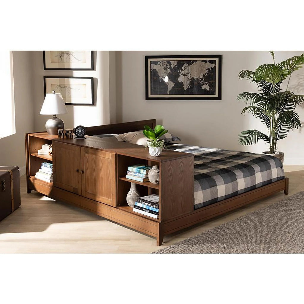 Queen Brown Rubberwood Storage Platform Bed D71994
