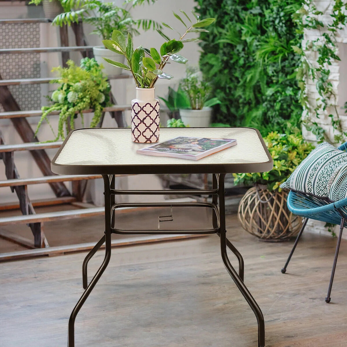 32'' Patio Square Table Tempered Glass Steel Frame F219