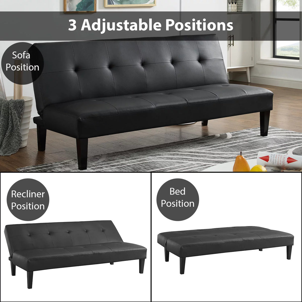 Black Faux Leather Convertible Futon Sofa Bed P462650