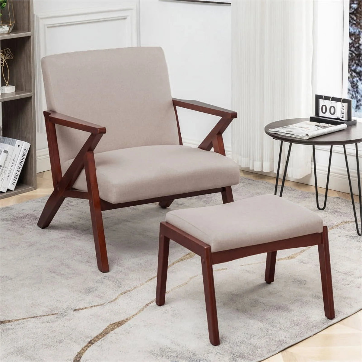Beige Fabric Accent Lounge Armchair with Ottoman Q3090