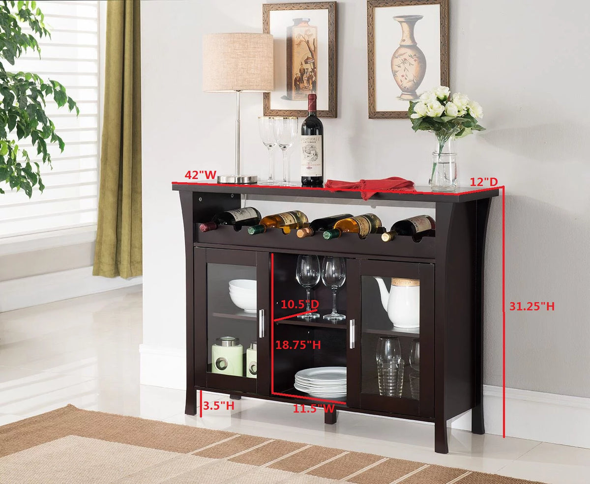 Espresso Wood Wine Rack Sideboard Console Table With Glass Doors P317315