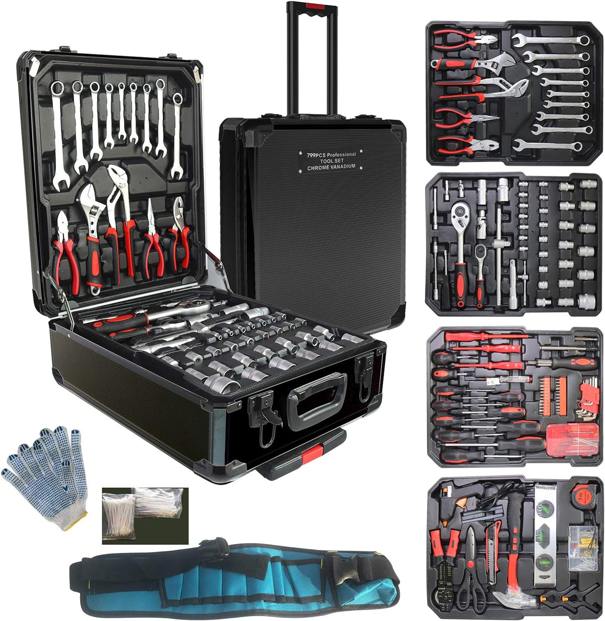 799pcs Aluminum Trolley Case Tool Set with Tool Belt A3345