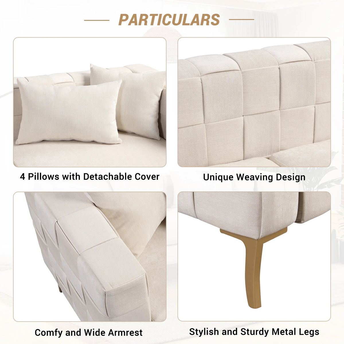 Beige Upholstered Sofa with 4 Pillows and Golden Metal Legs I666781