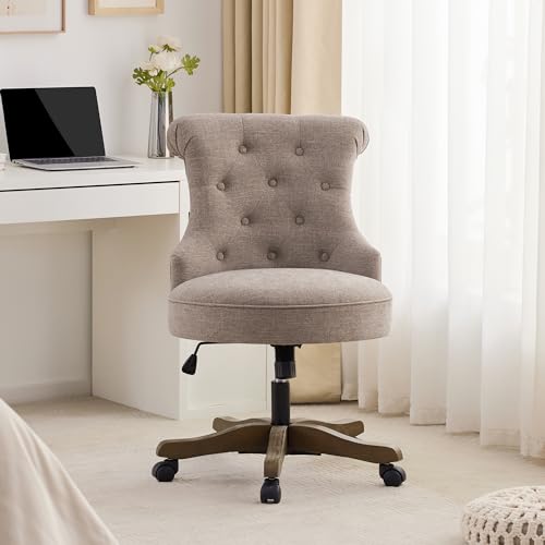 Beige Linen Fabric Adjustable Height Swivel Office Chair with Wheels U78598