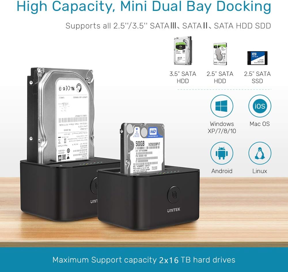 USB 3.0 to SATA Dual Bay External Hard Drive Docking Station for 2.5/3.5-inch HDD SSD, Offline Clone Duplicator, UASP, 16TB, 12V/3A Power Adapter, Pack of 2 M3417