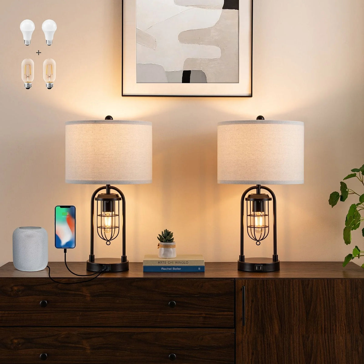 21'' Table Lamps Set of 2 with USB Port and Night Light, White Drum Shade I63241
