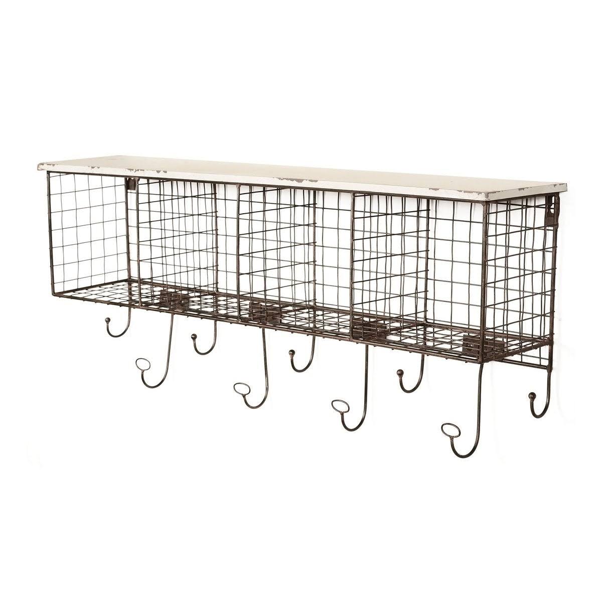Brown and White Distressed Wood and Metal Wall Shelf with 4 Cubbies A883