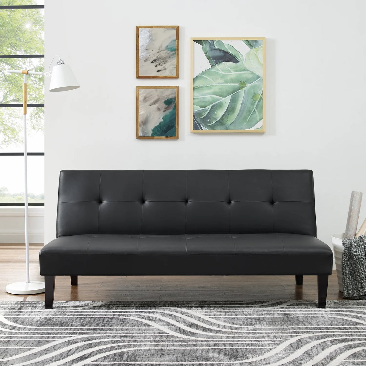 Black Faux Leather Convertible Futon Sofa Bed P462650