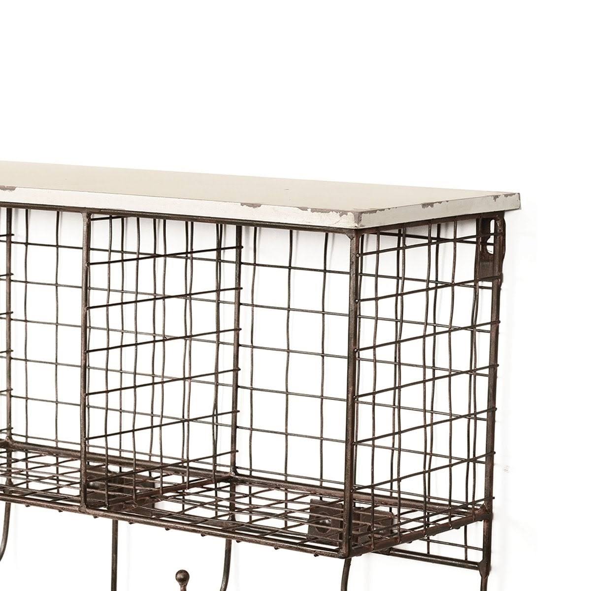 Brown and White Distressed Wood and Metal Wall Shelf with 4 Cubbies A883