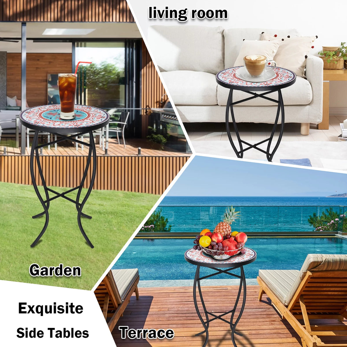 14'' Round Mosaic Glass Metal Side Table M227