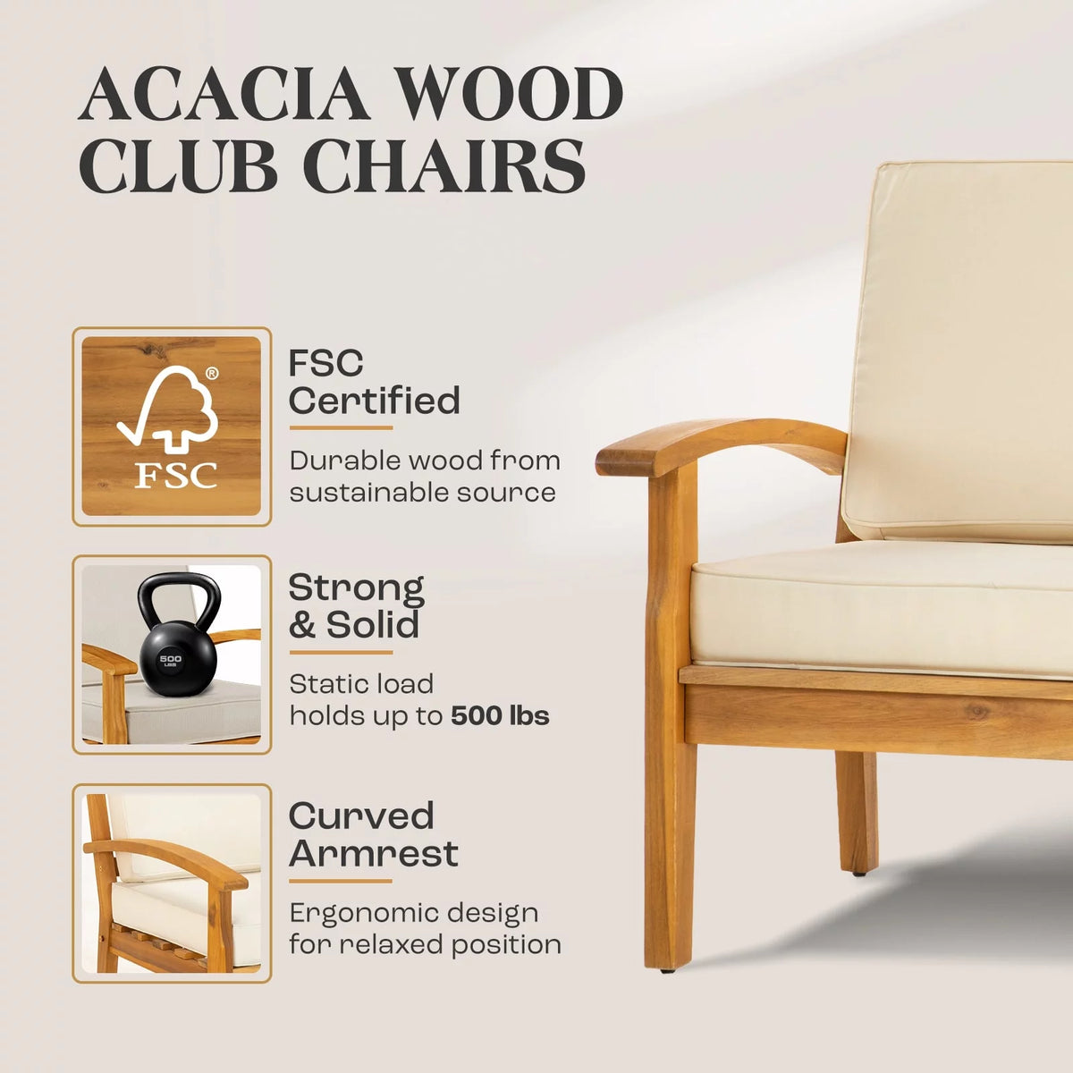 Acacia Wood Patio Club Chairs Set of 2 with Cushion B3873
