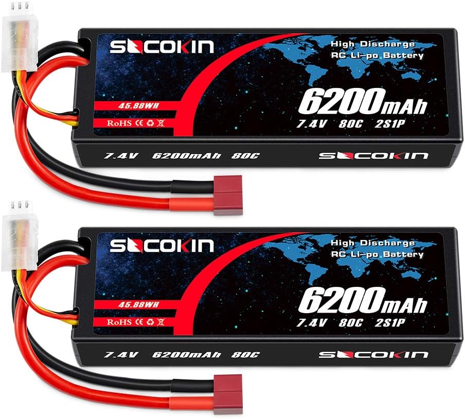2 Pack 7.4V 2S 6200mAh 80C Hard Case Lipo Battery with Deans T Z22089