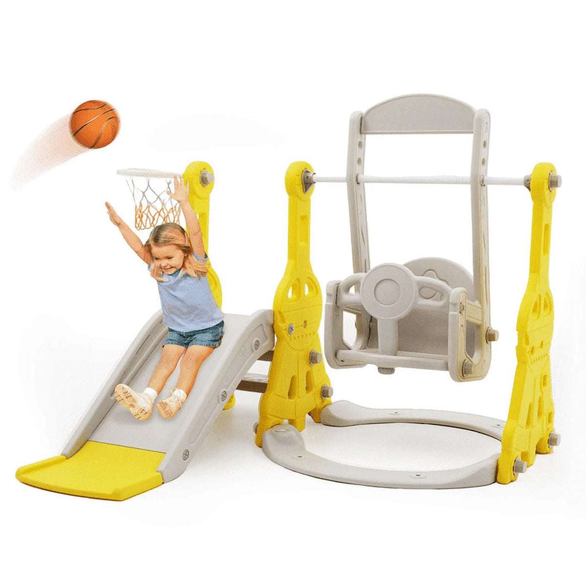 4 in 1 Toddler Slide and Swing Set with Basketball Hoop V50814