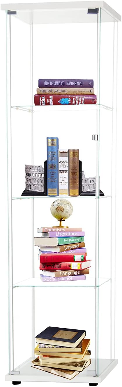 4-Shelf Glass Display Cabinet with Door, Tempered Glass Floor Standing Bookshelf Natural Wood T728273