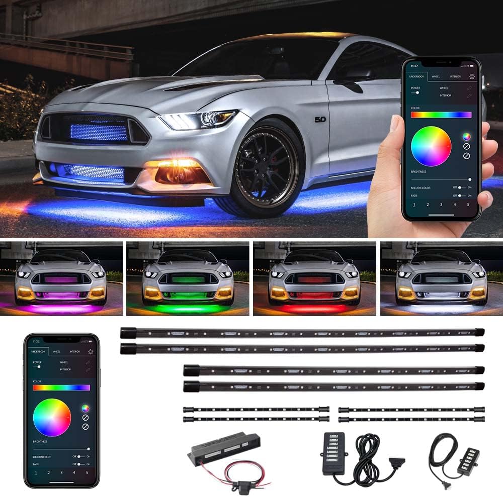 4pc Bluetooth LED Underbody Underglow Kit with Interior Footwell Accent Lighting Y784