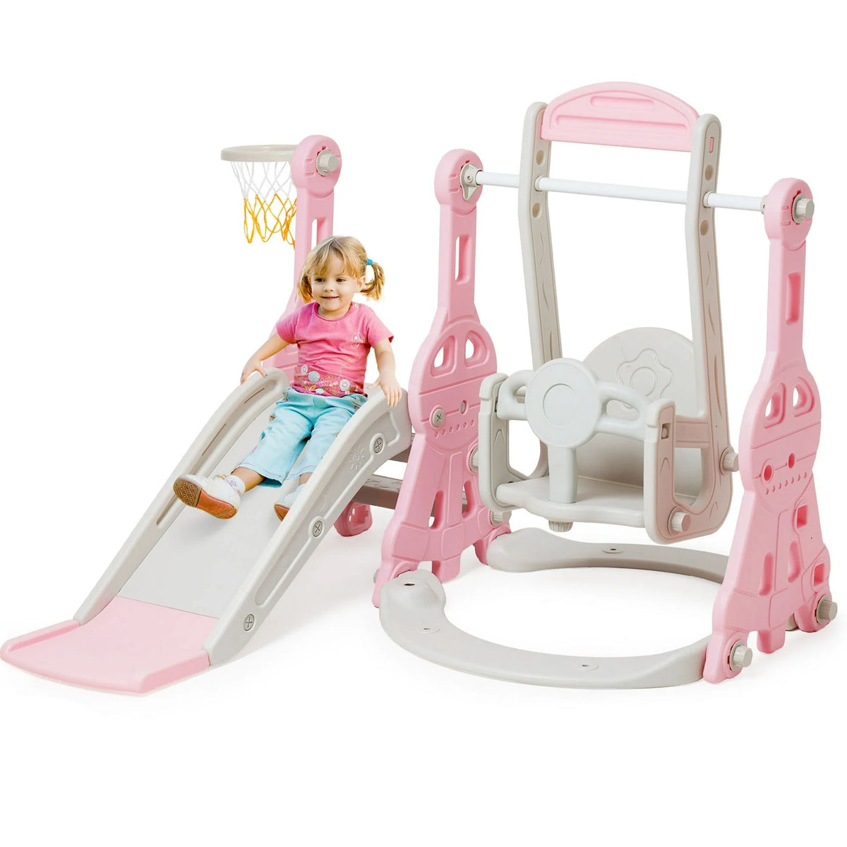 4 in 1 Toddler Slide and Swing Set with Basketball Hoop V50814
