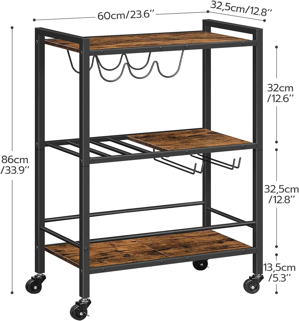 3-Tier Bar Cart with Wheels and Wine Rack X576637