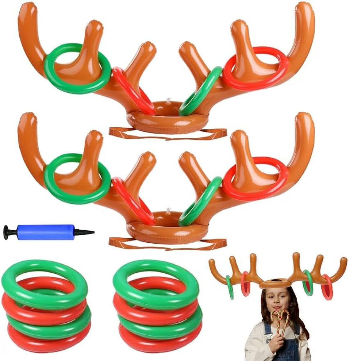 Inflatable Reindeer Antler Hat Ring Toss Game with 2 Antlers, 8 Rings, 1 Inflator Y9746