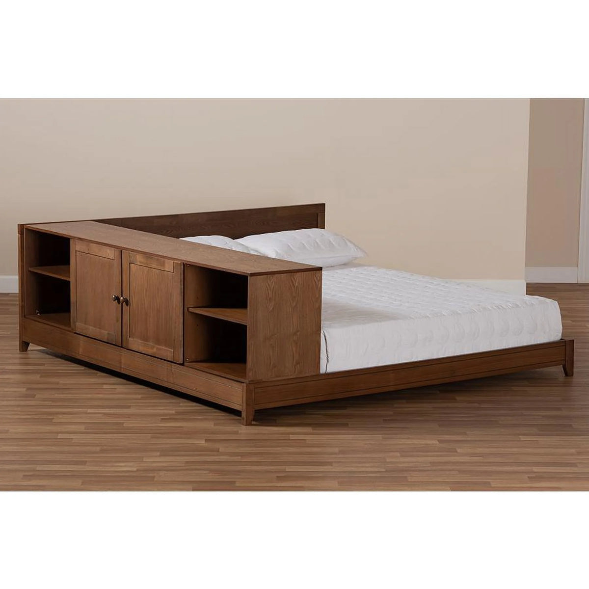 Queen Brown Rubberwood Storage Platform Bed D71994