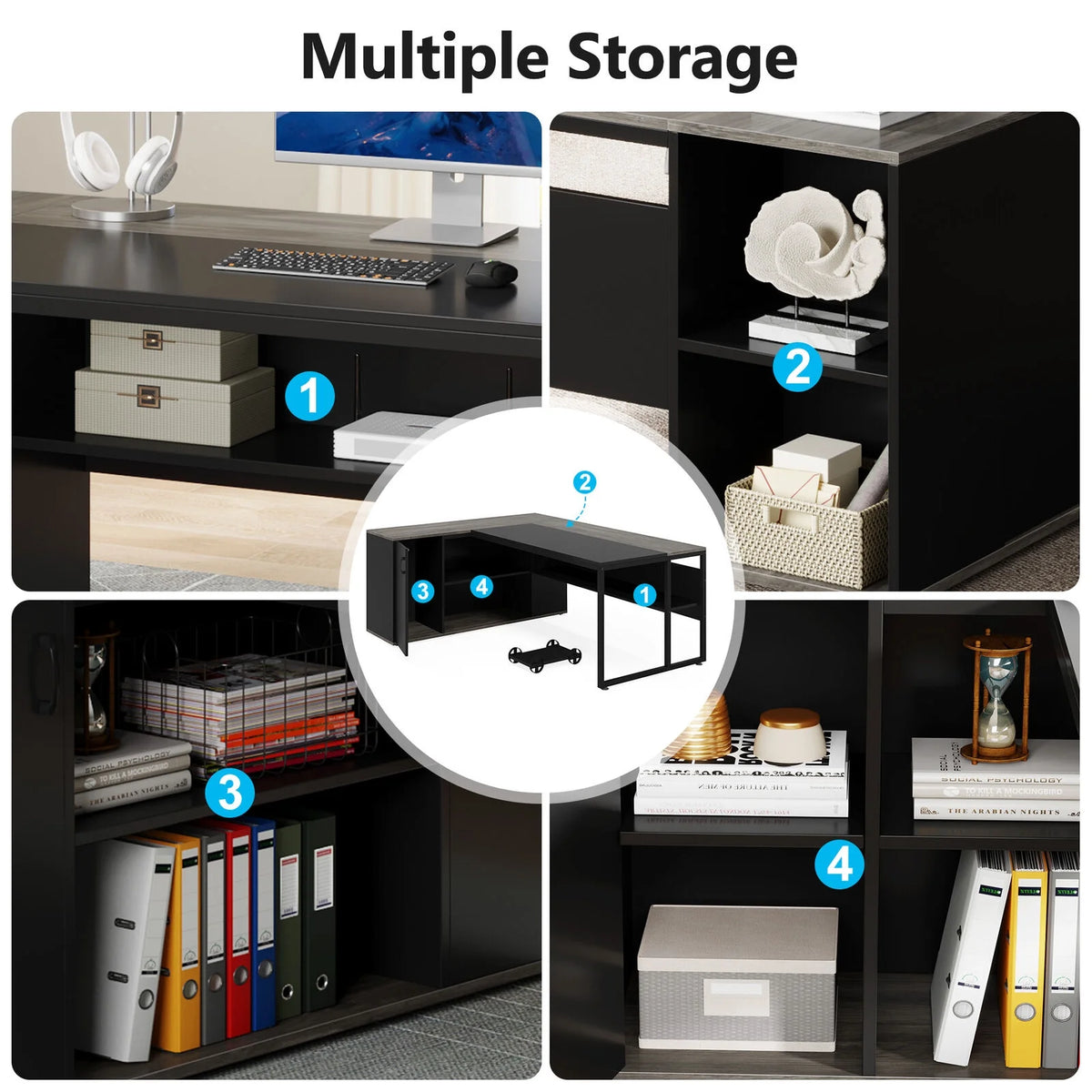 70.86" L Shaped Desk with Storage Cabinet & Shelves D547781