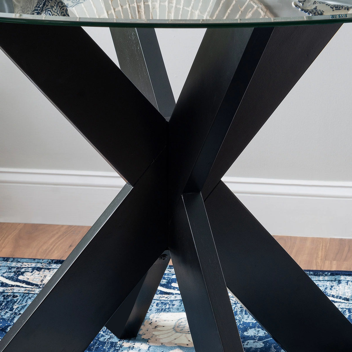 Wood X-Base Dining Table with Glass Top W164