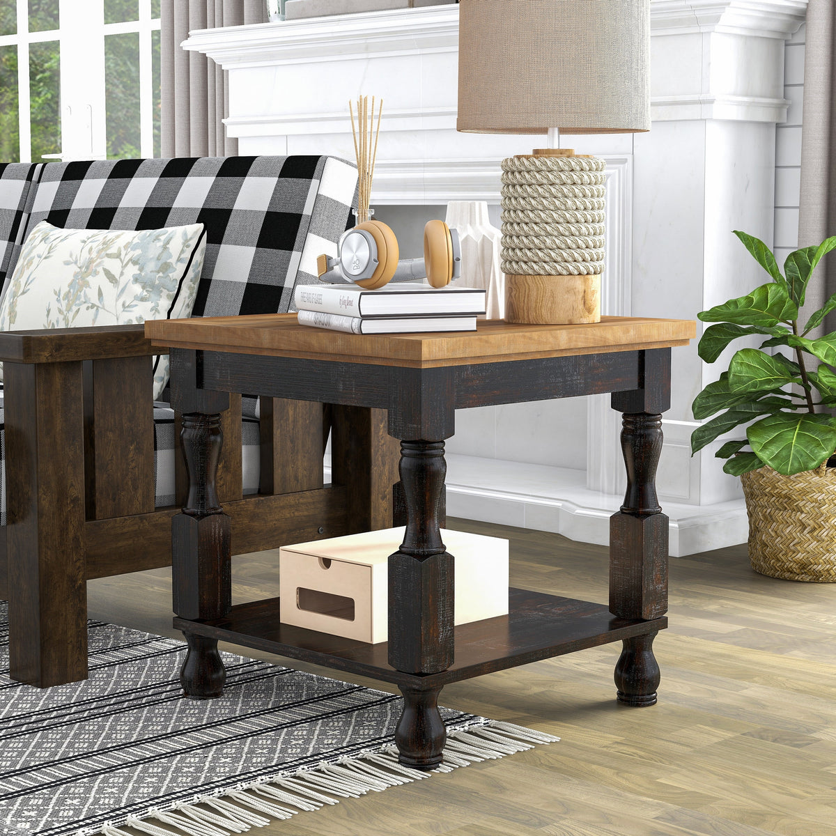 Antique Black and Oak 24-inch Pine 1-Shelf End Table J75637
