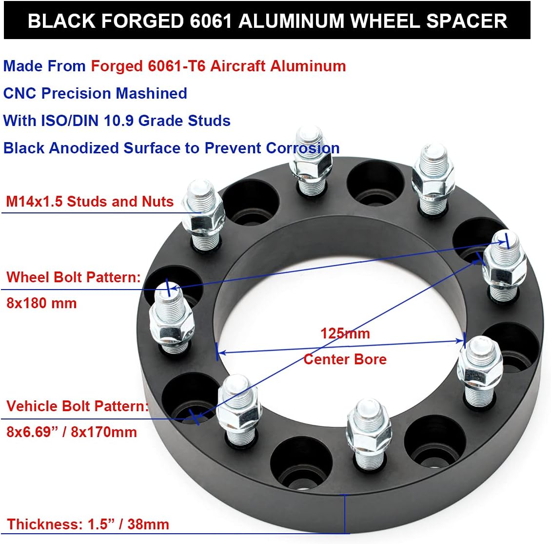 Black Forged 8x170 to 8x180 Wheel Adapters 1.5 Inch with 14x1.5 Studs Pack of 2 U5601