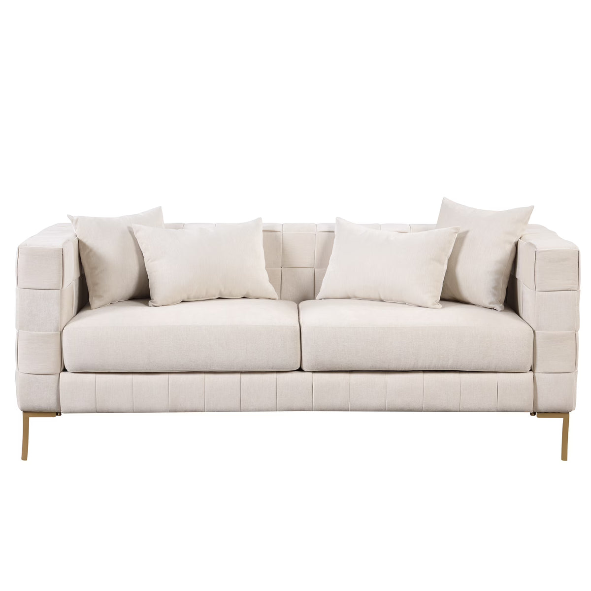 Beige Upholstered Sofa with 4 Pillows and Golden Metal Legs I666781