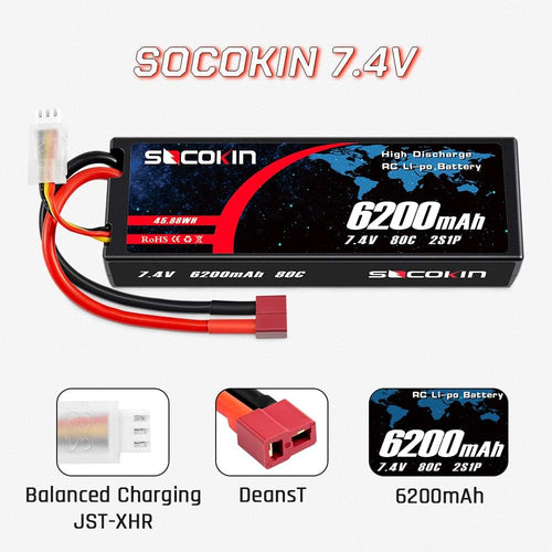 2 Pack 7.4V 2S 6200mAh 80C Hard Case Lipo Battery with Deans T Z22089