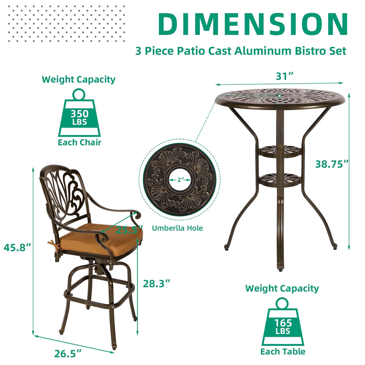 3-Piece Cast Aluminum Patio Swivel Bar Stools Set with Bar Table S671913