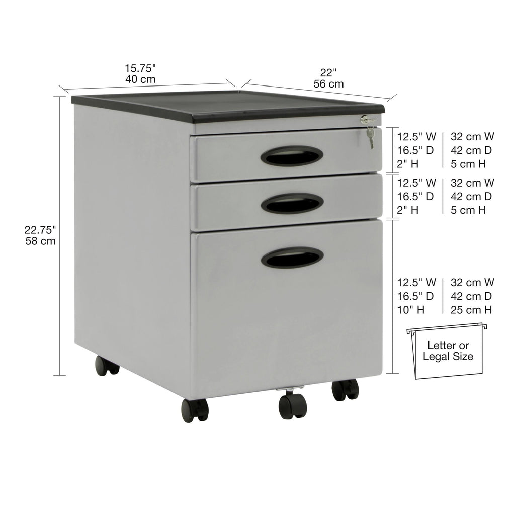 3 Drawer Metal Mobile File Cabinet in Silver Y556996