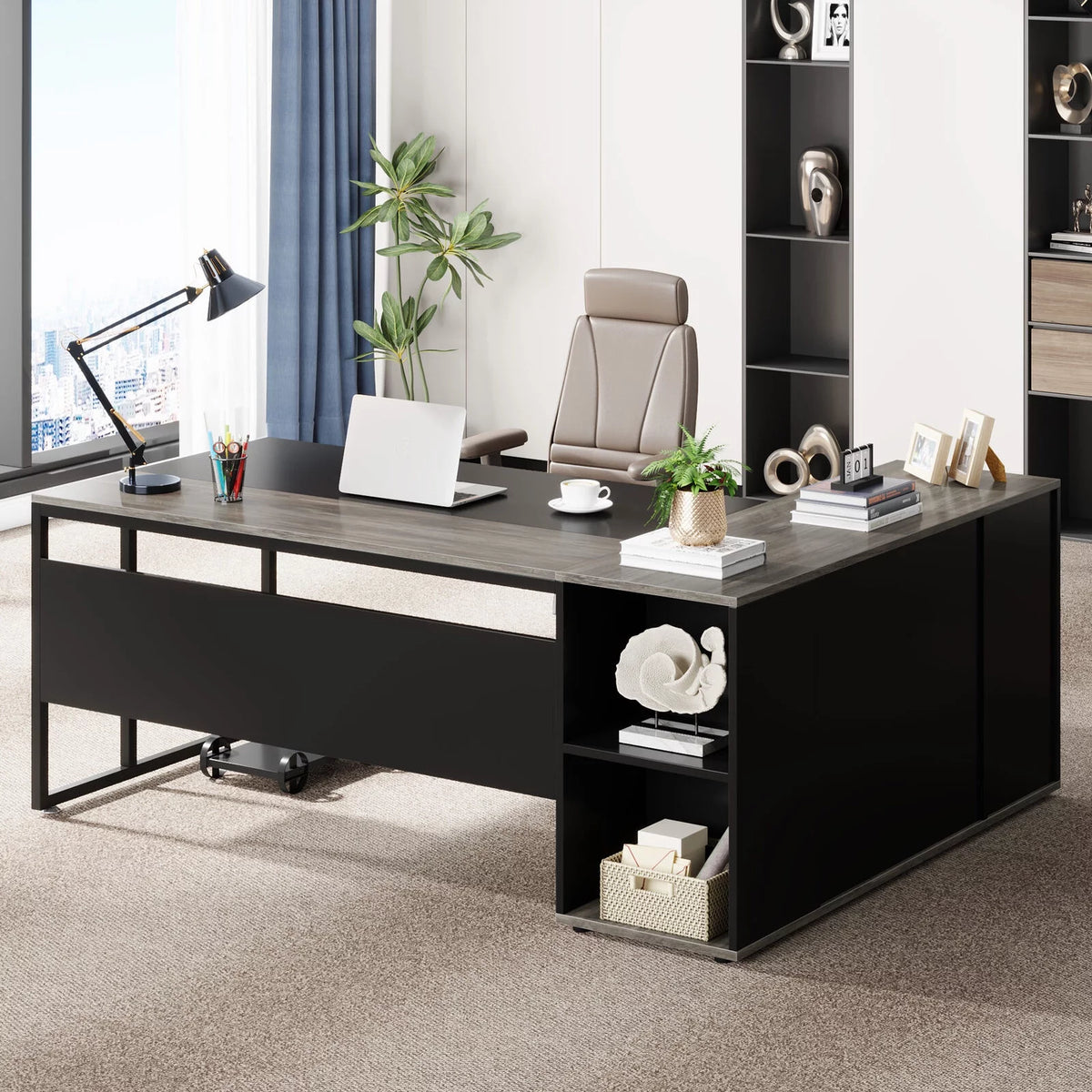 70.86" L Shaped Desk with Storage Cabinet & Shelves D547781